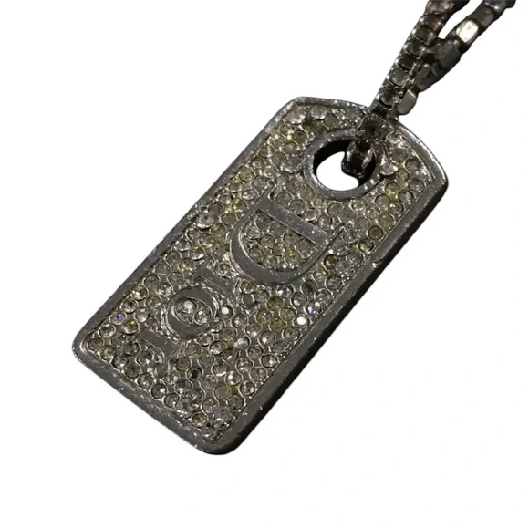 Authentic Christian Dior Logo Plate Rhinestone Silver Tone Pendant Necklace - Picture 15 of 16